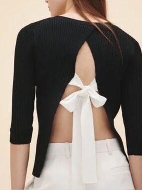 Maje Meely Black Ribbed Open Back Tie Crewneck Sweater Pullover Sz  1 /US Small